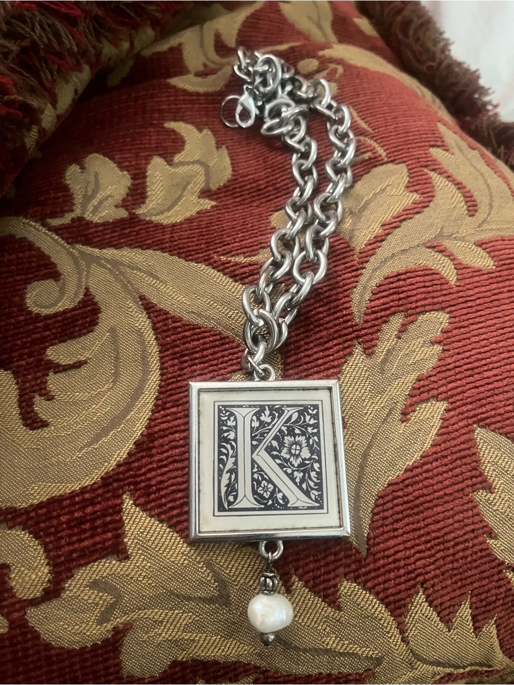 Letter K Square Pendant Necklace with Pearl Drop